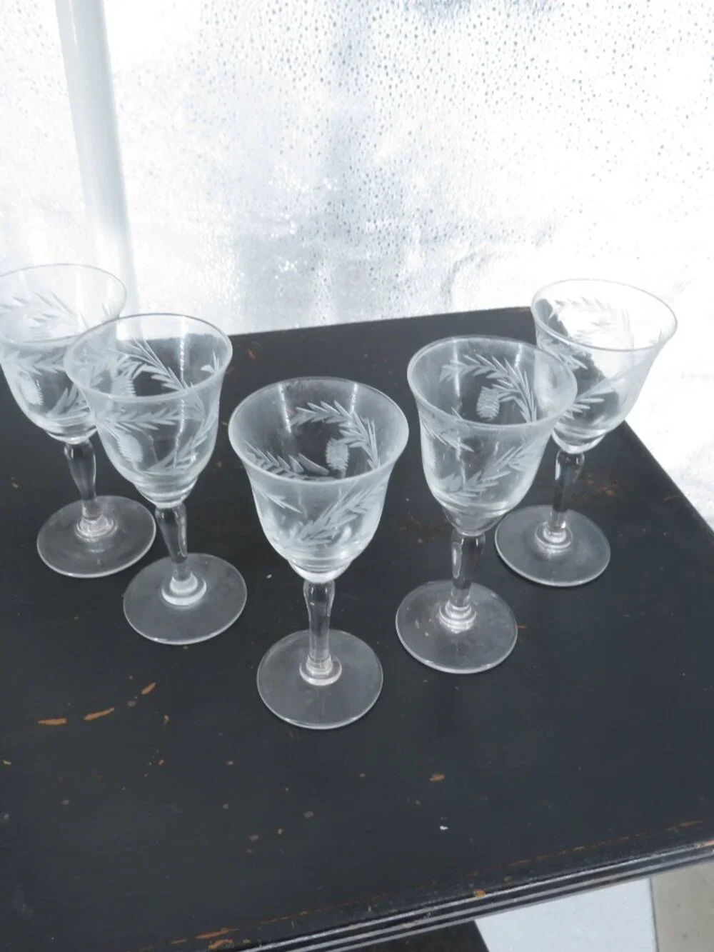 Vintage Etched Wheat Crystal Cordial Glasses Clear Set 5 Small Wine Stemware Cup